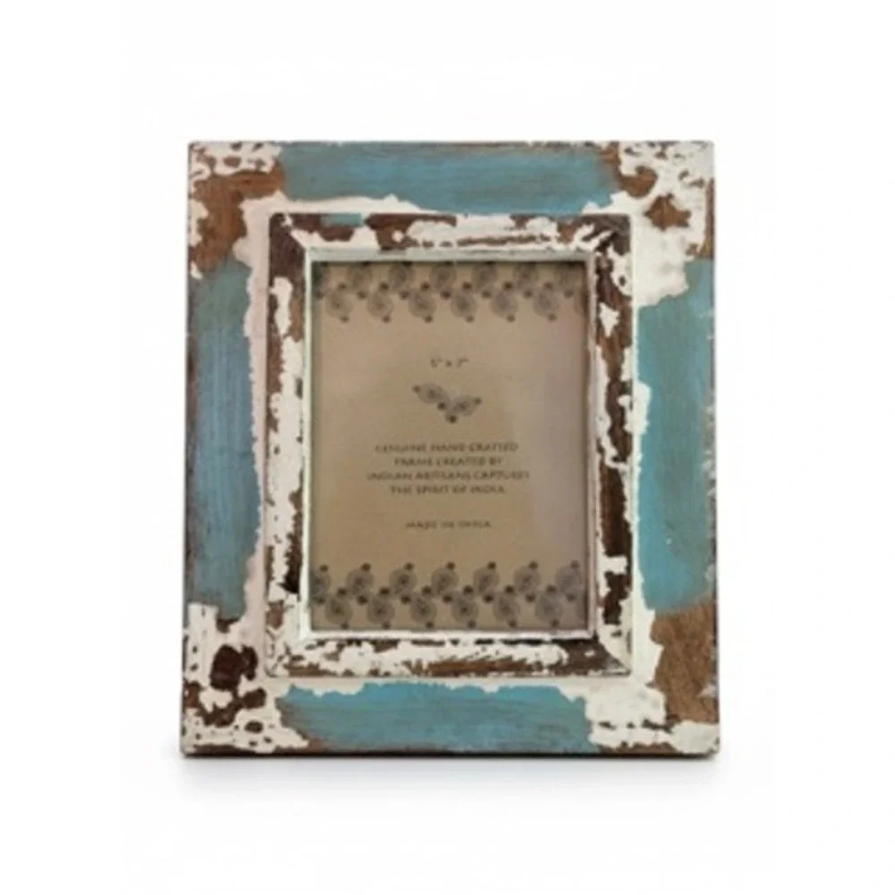 Rustic Distressed Wood 5x7 Photo Frame Turquoise White Weathered Farmhouse India